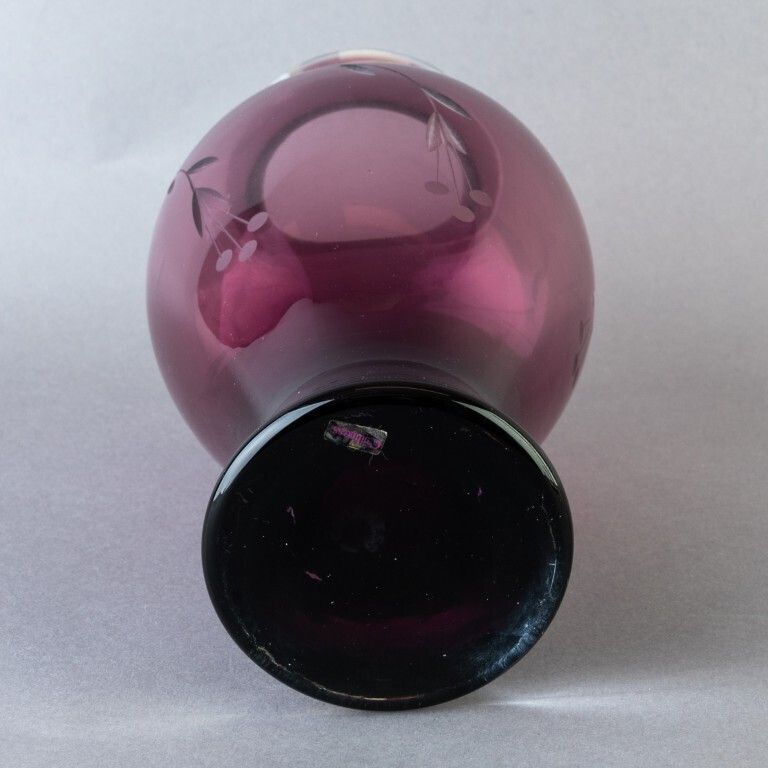 Scottish Caithness Amethyst Etched Glass Floral Baluster Vase photo furniture