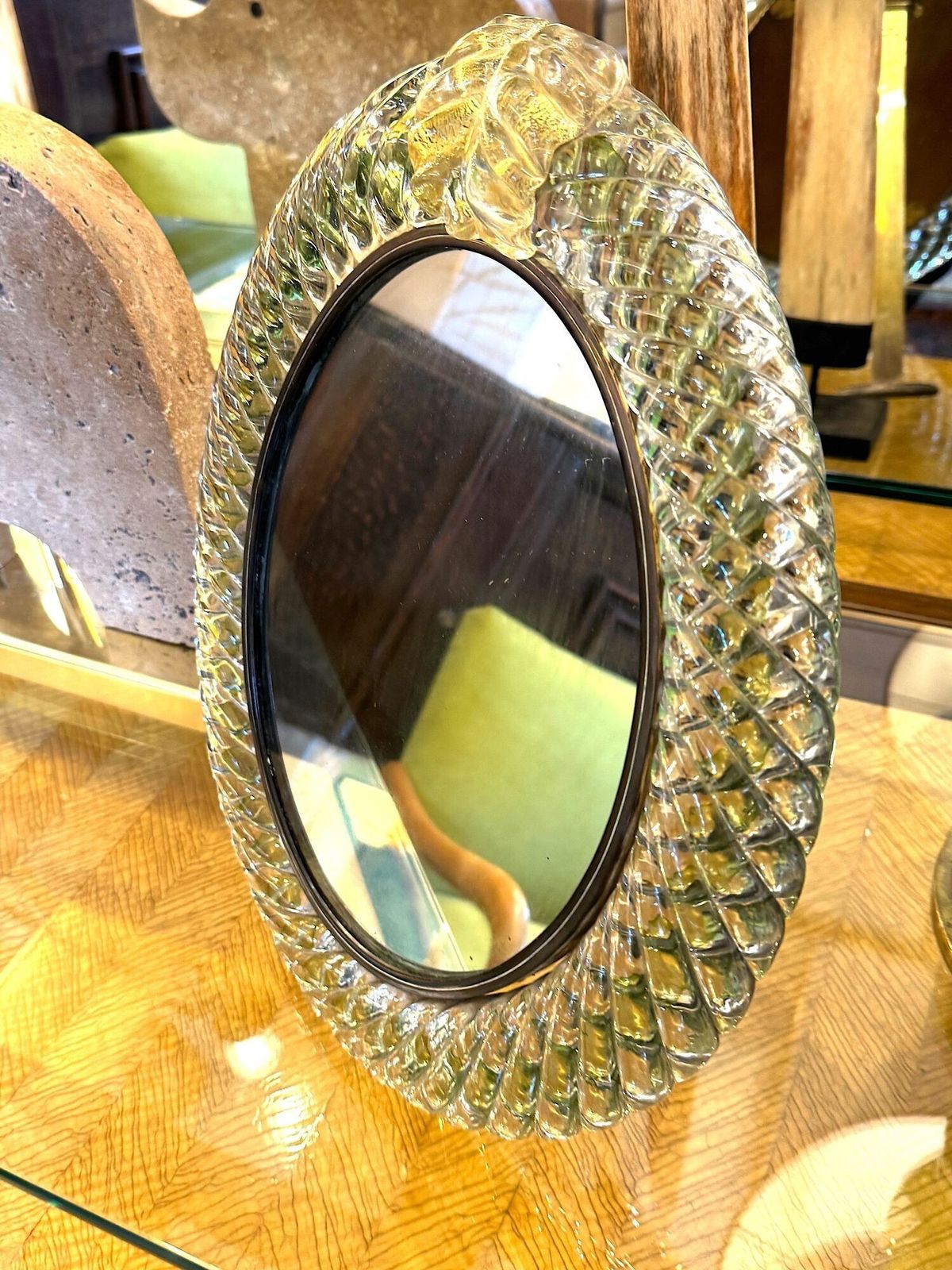 An Orignal 1940s Barovier & Toso Torchon Murano Glass Framed Mirror With Foglio D'oro Crest photo vintage