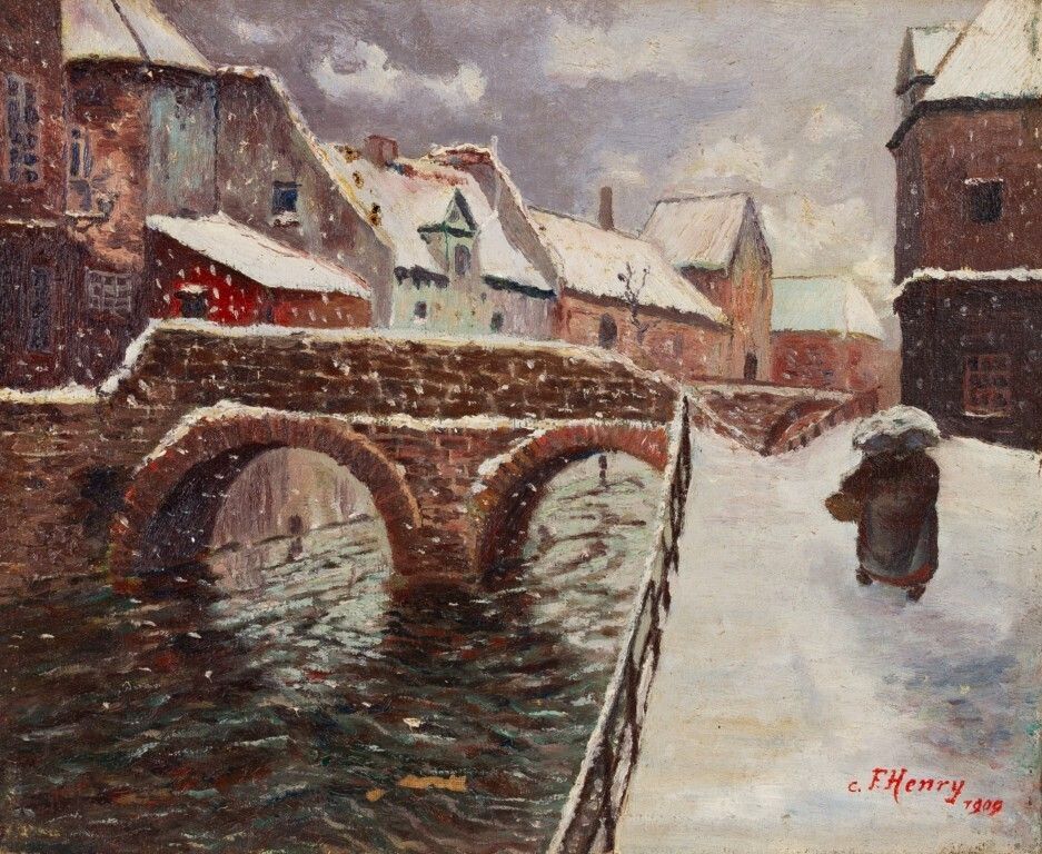Antique Signed 1909 Oil Painting On Canvas Depicting A Figure Walking Alongside A Winter Bridge