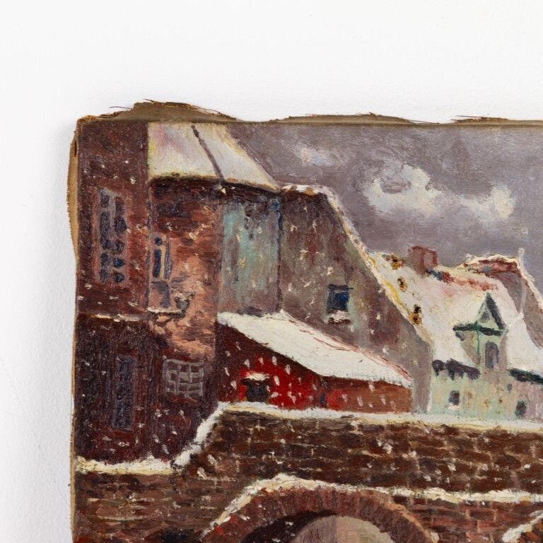 Antique Signed 1909 Oil Painting On Canvas Depicting A Figure Walking Alongside A Winter Bridge photo Art