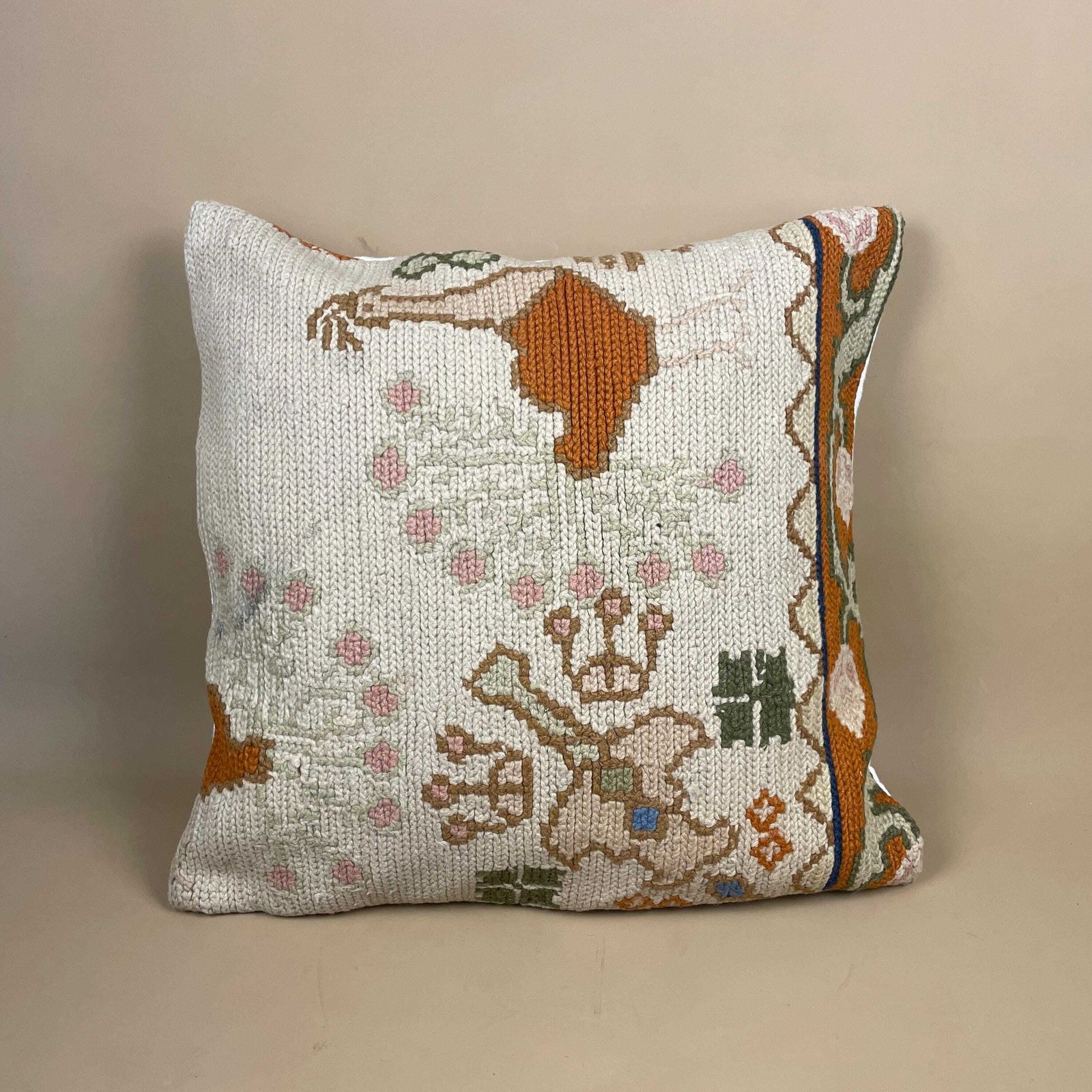 Antique Kilim Cushion Moroccan Rug Carpet Pillow Feather Filled Handwoven Patterned 46x46cm Scatter Vintage Square Pattern Cream Bird