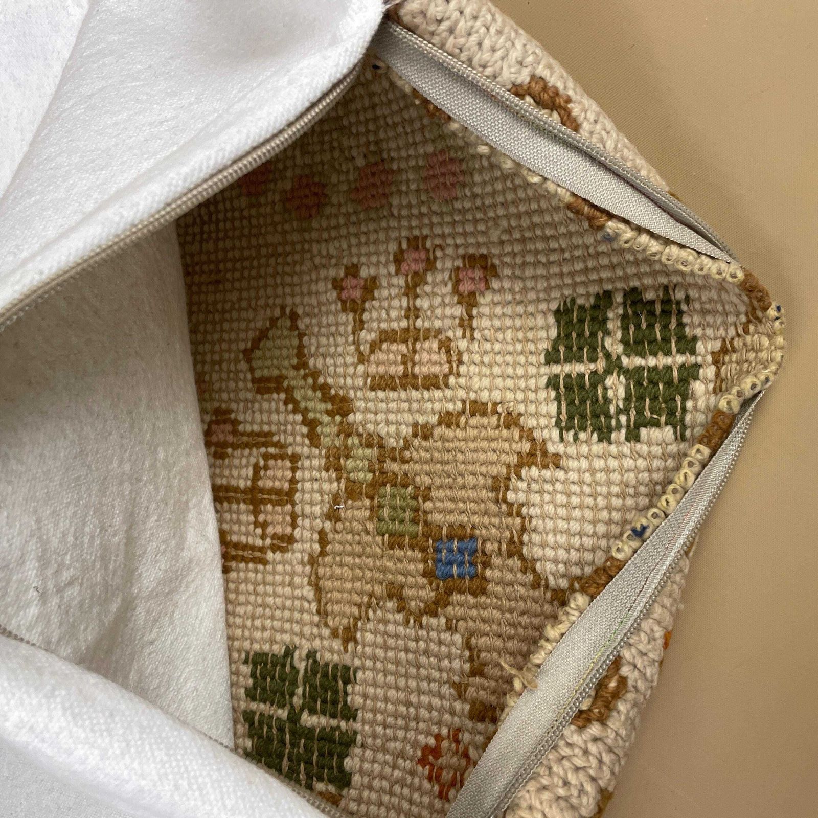 Antique Kilim Cushion Moroccan Rug Carpet Pillow Feather Filled Handwoven Patterned 46x46cm Scatter Vintage Square Pattern Cream Bird photo vintage