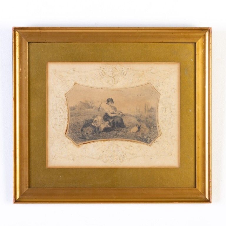 Antique Early Victorian Embossed Paper Figures In A Landscape Signed Susan Harris & Dated 1832