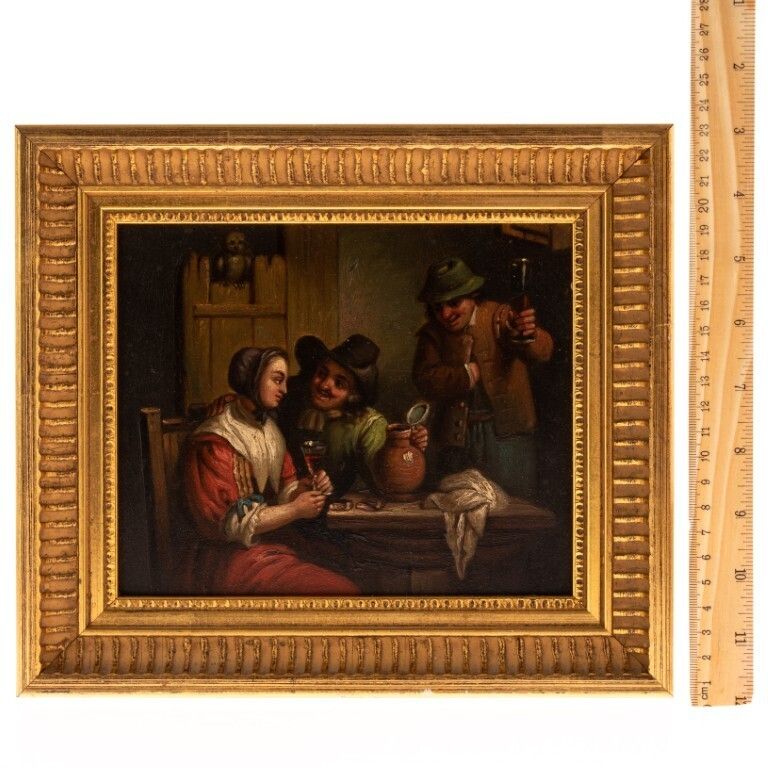 Antique Continental Tavern Scene Oil Painting Signed 19th Century photo for sale