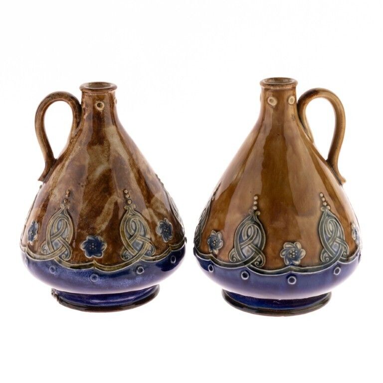 Antique Set Of Art Nouveau Royal Doulton Lambeth Stoneware Pottery Whiskey Flasks