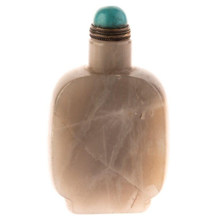 Chinese Qing Dynasty Carved Jade Snuff Bottle With Turquoise Top
