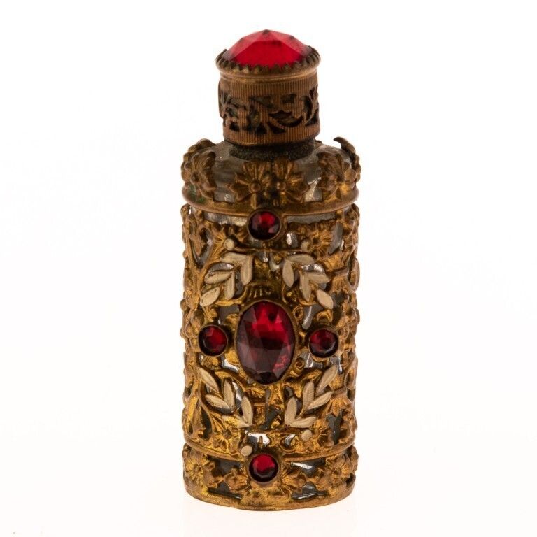 Art Nouveau Bejeweled & Enamel Gilt Floral Scent Perfume Bottle
