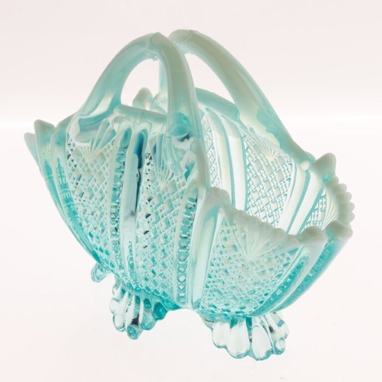 Antique Davidson Opalescent Victorian “Richelieu” Blue Pearline Pressed Glass Folded Basket photo furniture