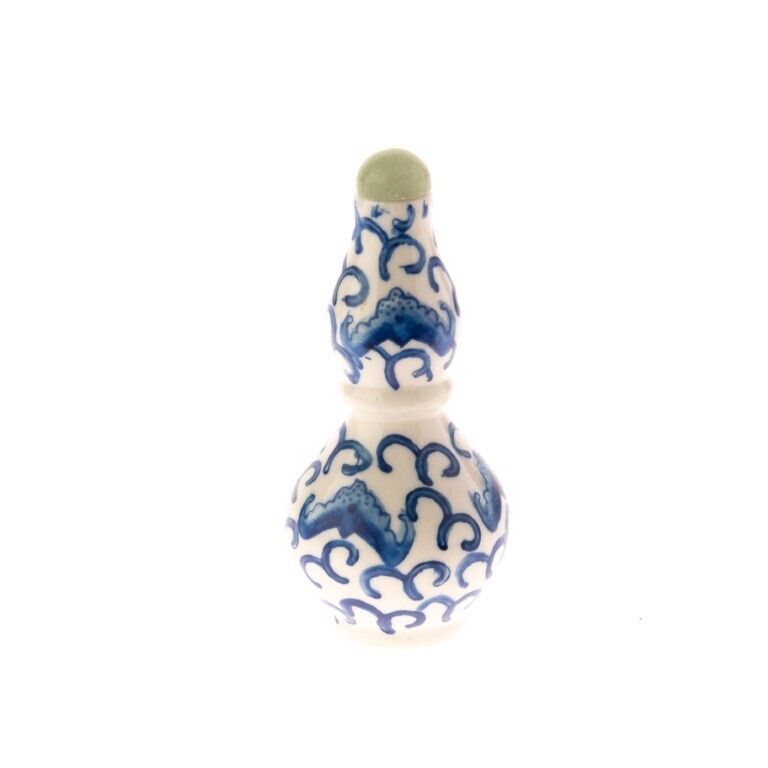 Mid Century Chinese Hand Painted Blue & White Bats Porcelain Snuff Bottle With Jade Top