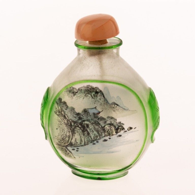 Mid Century Chinese Inside Painted Green Glass Mountains Landscape Snuff Bottle