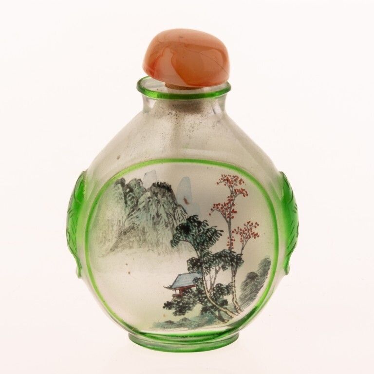 Mid Century Chinese Inside Painted Green Glass Mountains Landscape Snuff Bottle photo furniture