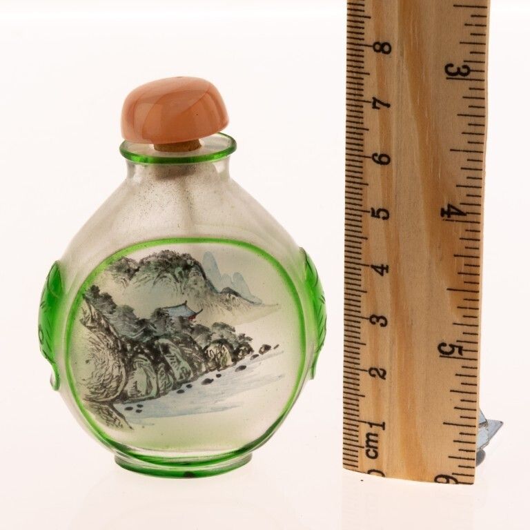 Mid Century Chinese Inside Painted Green Glass Mountains Landscape Snuff Bottle photo for sale