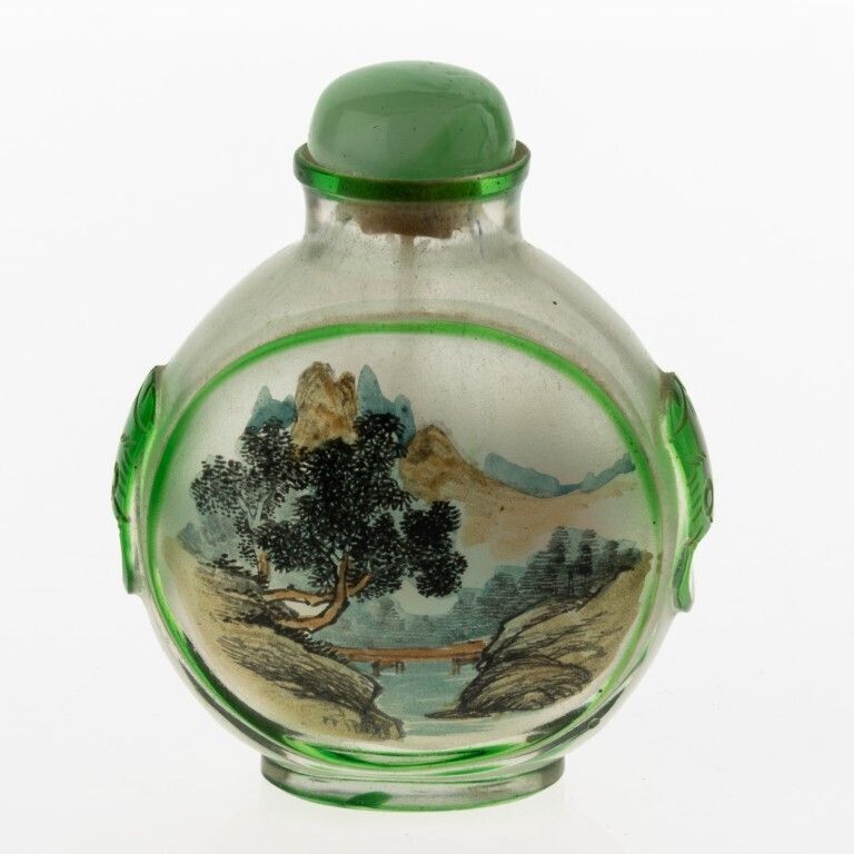 Mid Century Chinese Inside Painted Green Glass Landscape & Water Lilies Snuff Bottle