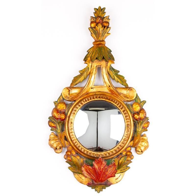 Antique French Gilded Polychrome Hand Carved Wood Convex Mirror 19th Century
