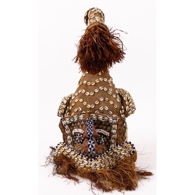 Mid 20th Century African Kuba Helmet Ceremonial Ritual Mask With Shells, Animal Fibres & Raffia