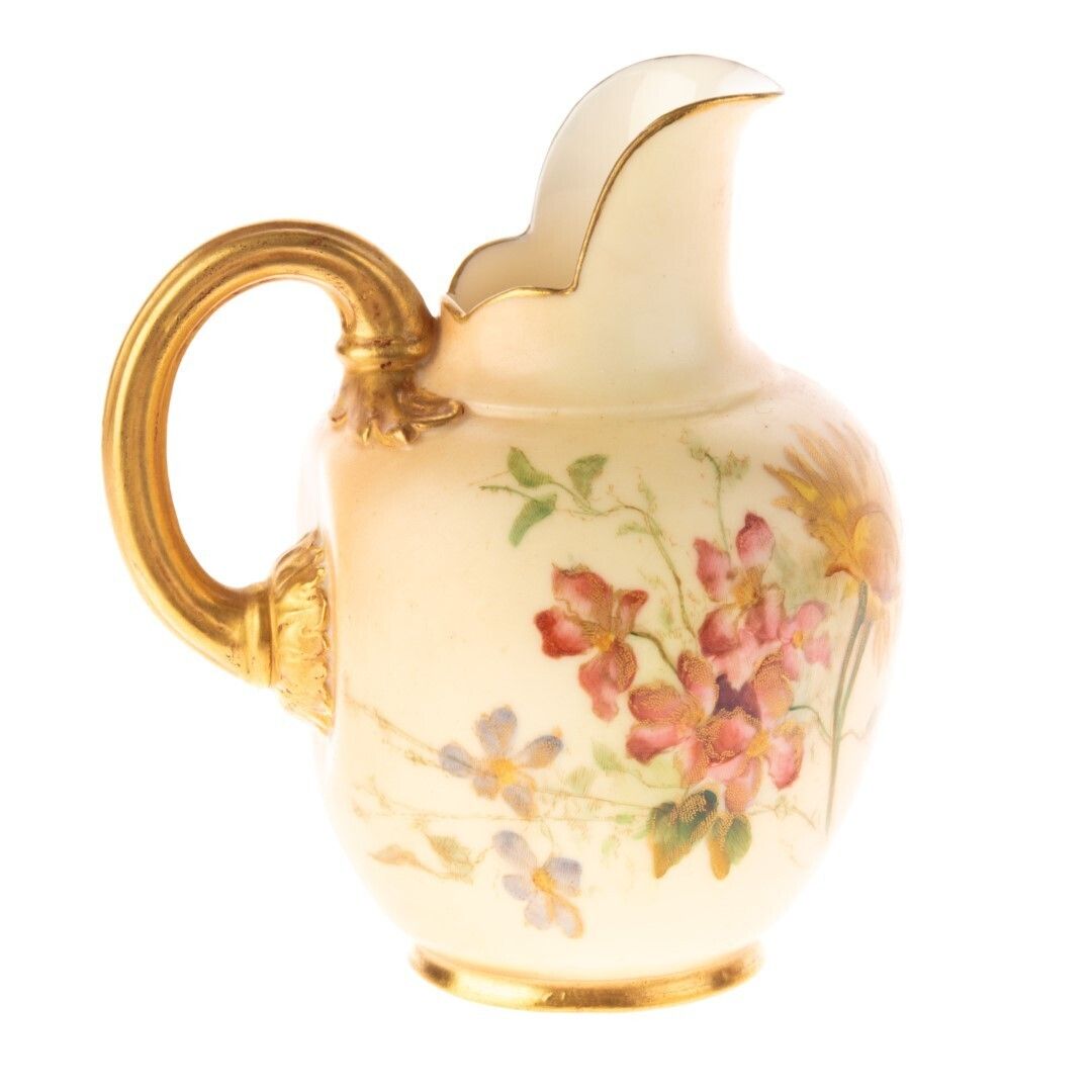Antique Royal Worcester Hand Painted Blush Porcelain Art Nouveau Floral Flat Back Ewer Jug