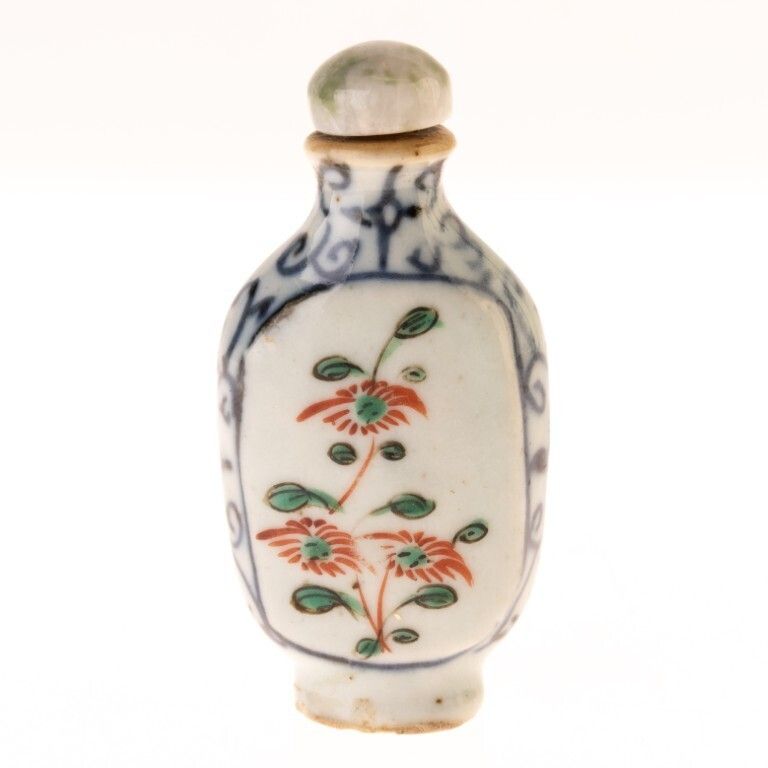 Antique Chinese Hand Painted Porcelain Ceramic Snuff Bottle With Jade Top 19th Century photo furniture
