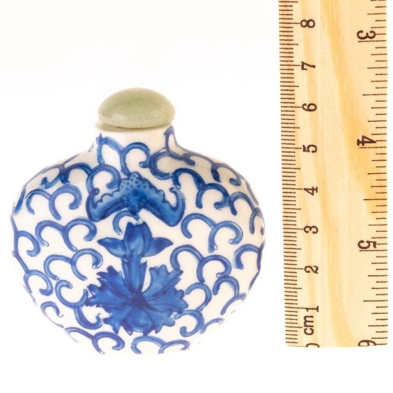 Chinese Hand Painted Blue & White Porcelain Ceramic Lotus & Bat Snuff Bottle With Jade Top photo for sale