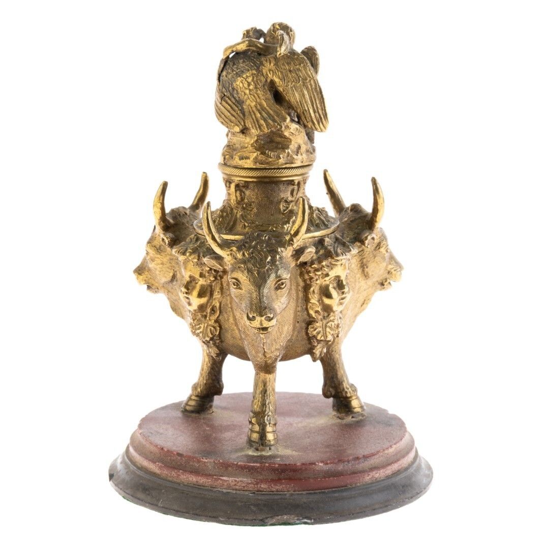 Antique Grand Tour Bovine & Bacchus Italian Gilt Bronze Inkwell 19th Century photo furniture