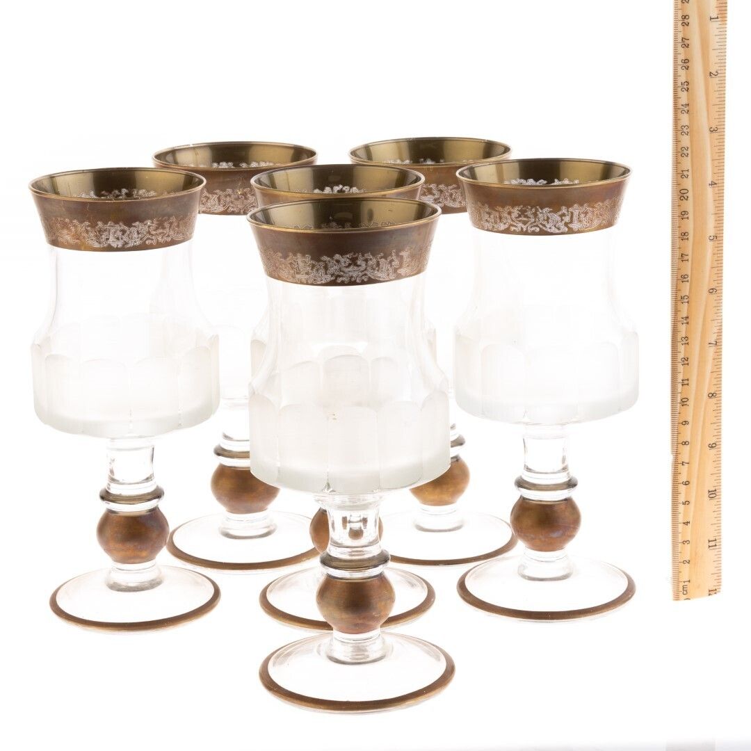 Antique Set Of Six Antique Gilded Baccarat Style Glass Goblets photo for sale