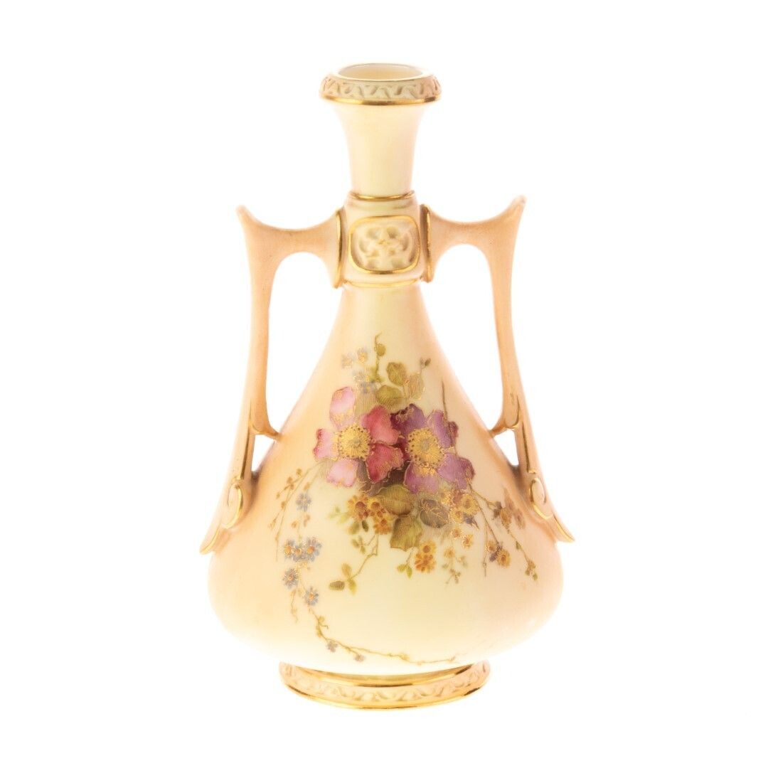 Antique Royal Worcester Hand Painted Blush Porcelain Art Nouveau Twin Handled Vase