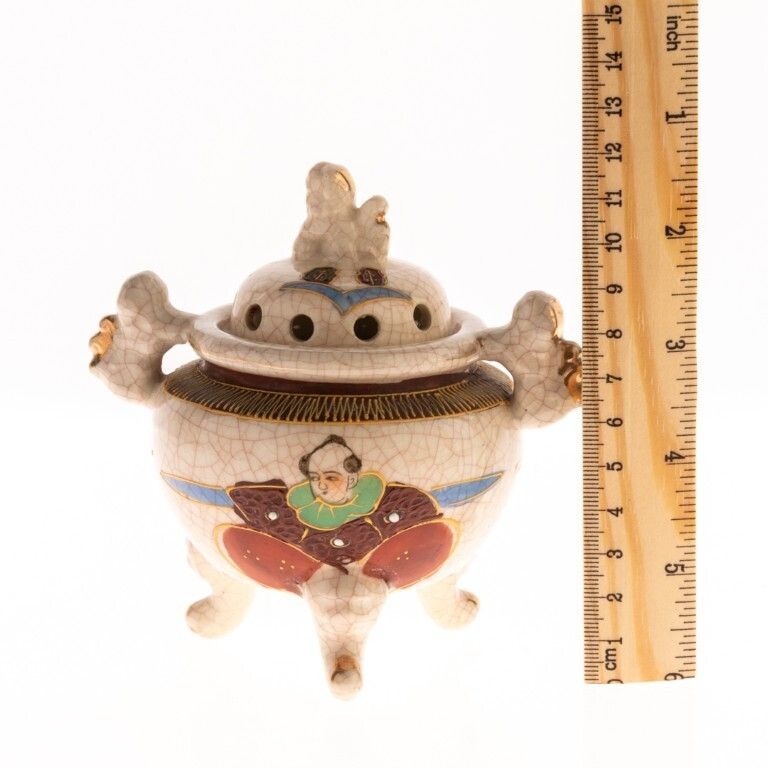 Mid Century Japanese Hand Painted Satsuma Crackle Glazed Pottery Censer Koro Vase photo for sale