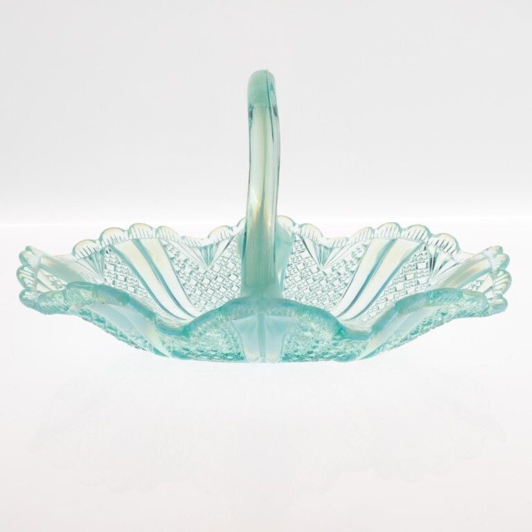 Antique Davidson Opalescent Victorian Richelieu  Blue Pearline Pressed Glass Basket