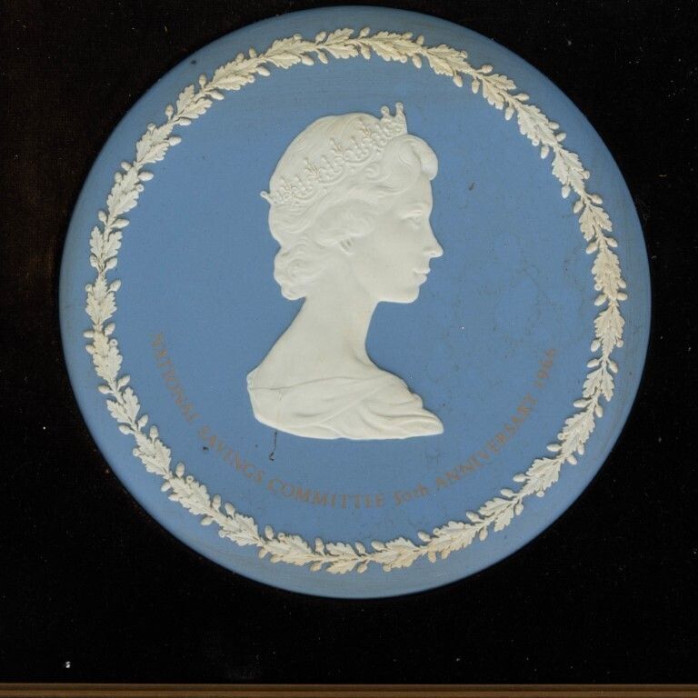 Wedgwood Blue Jasperware Porcelain Framed National Savings Committee 50th Anniversary Plate photo furniture