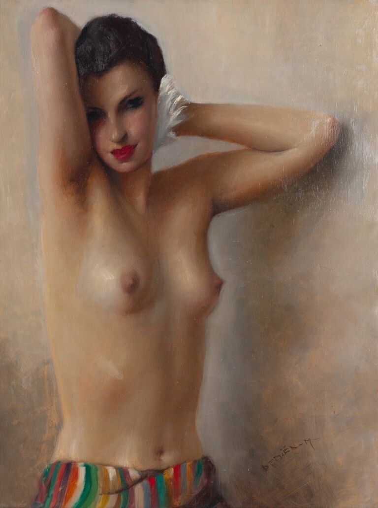 Large French Nude Art Deco Oil Painting On Canvas Signed