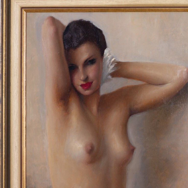 Large French Nude Art Deco Oil Painting On Canvas Signed photo furniture