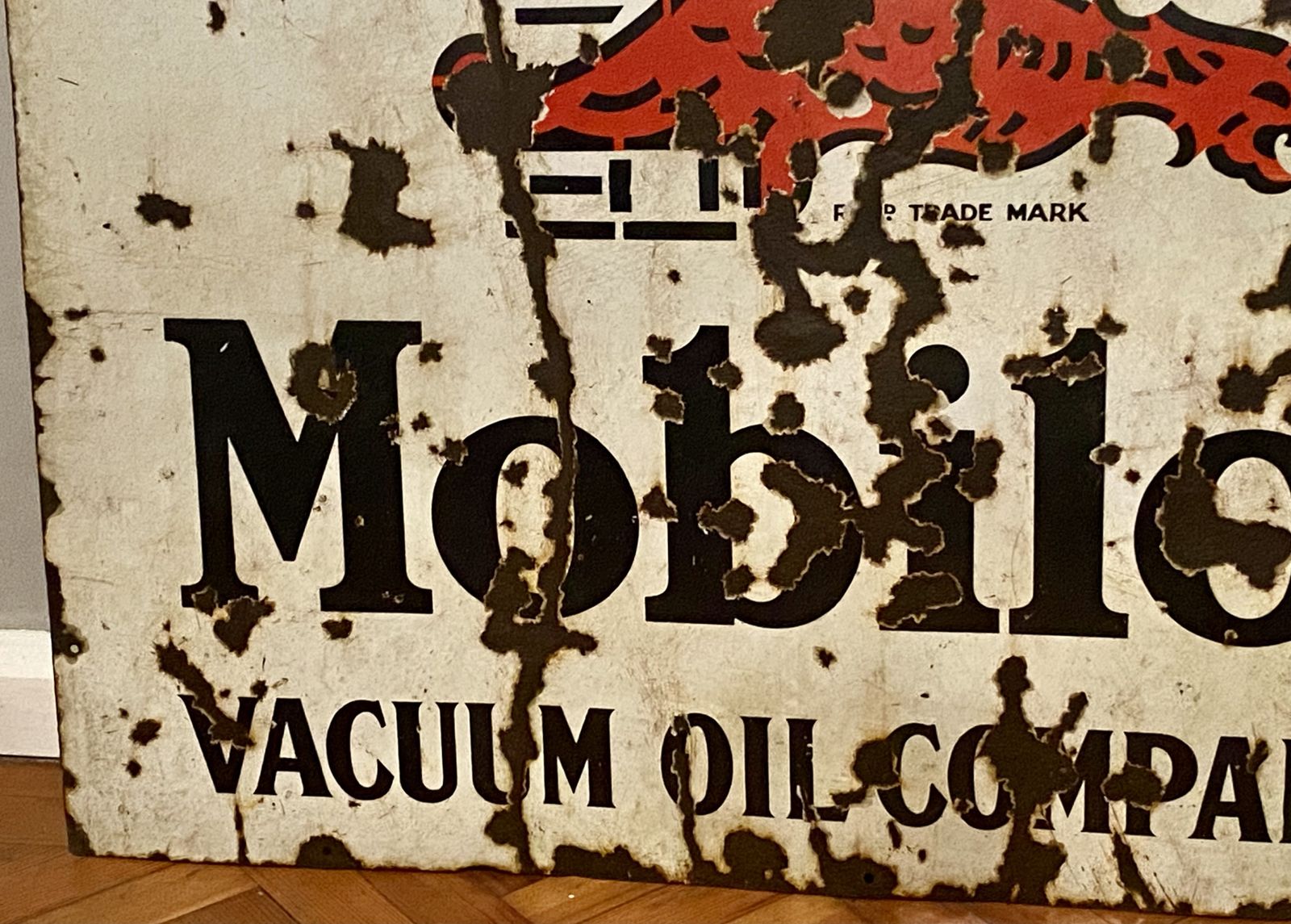 Old Gargoyle Mobil Oil Vacuum Oil Company Enamel Garage Sign Shell Bp National Benzole Gas Pump Dealer Dealership Billboard Metal Sign Extra Large photo for sale