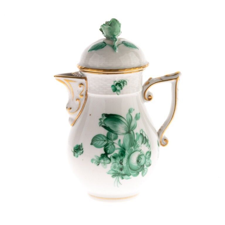 Herend Hungary “Chinese Bouquet” Pattern Fine Gilt Porcelain Ceramic Coffee Pot With Rose Finial