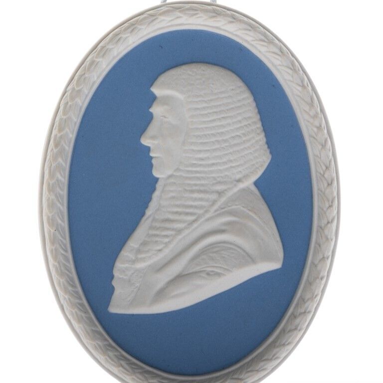 Wedgwood Blue Jasperware Ceramic Porcelain Lord Denning Portrait Medallion Laurel Leaf Plaque photo furniture