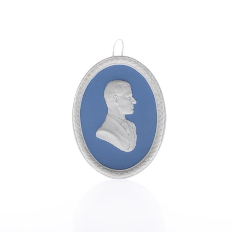 Wedgwood Blue Jasperware Ceramic Porcelain Duke Of Edinburgh Portrait Medallion Laurel Leaf Plaque