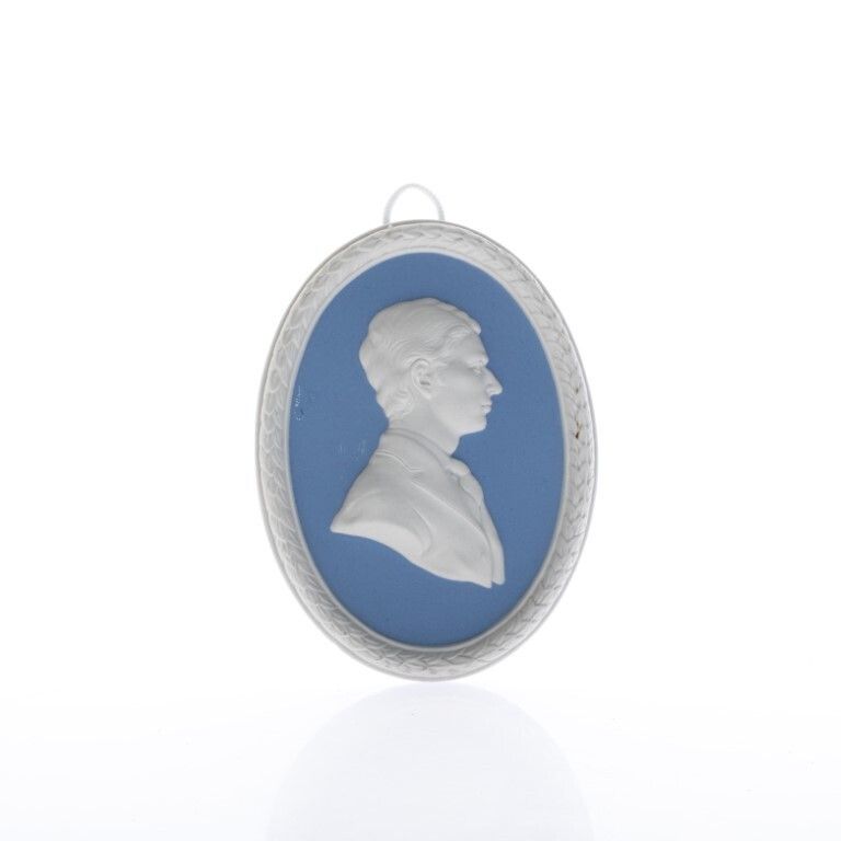Wedgwood Blue Jasperware Ceramic Porcelain Prince Charles Portrait Medallion Laurel Leaf Plaque