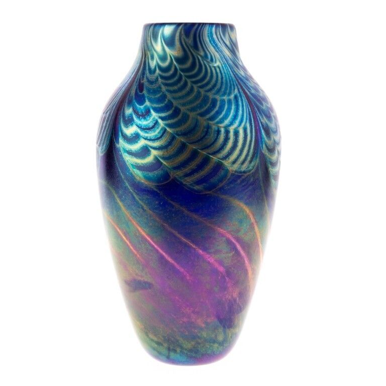 Loetz Style Signed Keith Bowlby Iridescent Hand Blown Studio Glass Vase
