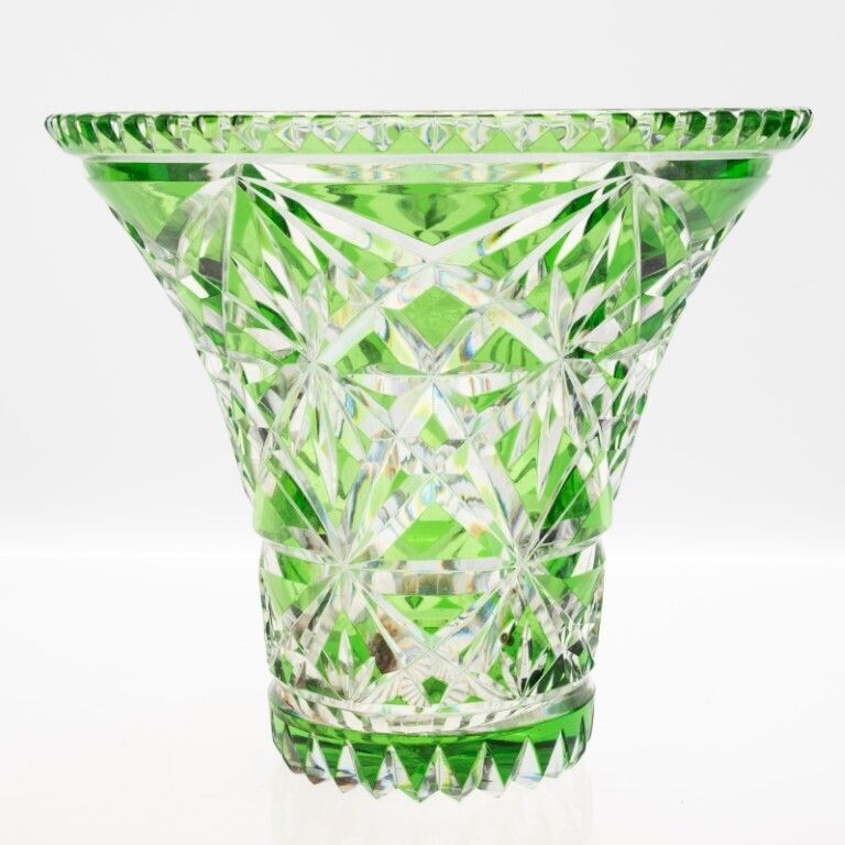 Mid Century Czech Bohemian Emerald Green Cut Crystal Glass Vase