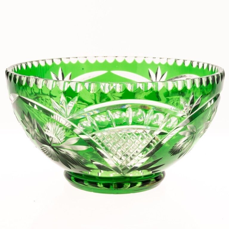 Mid Century Czech Bohemian Emerald Green Cut Crystal Glass Bowl