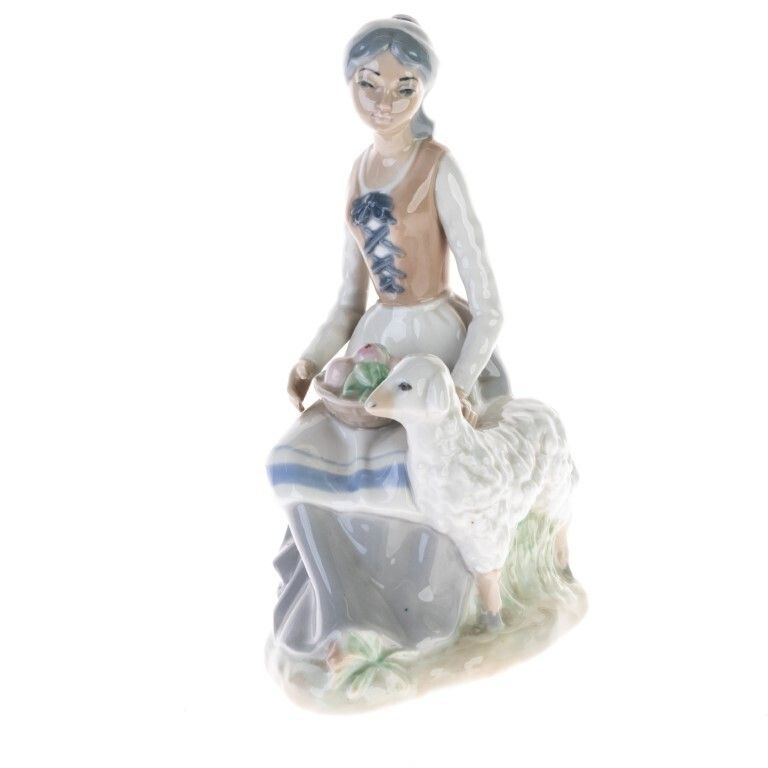 Casades Spanish Glazed Porcelain Sculpture Of Girl With Sheep