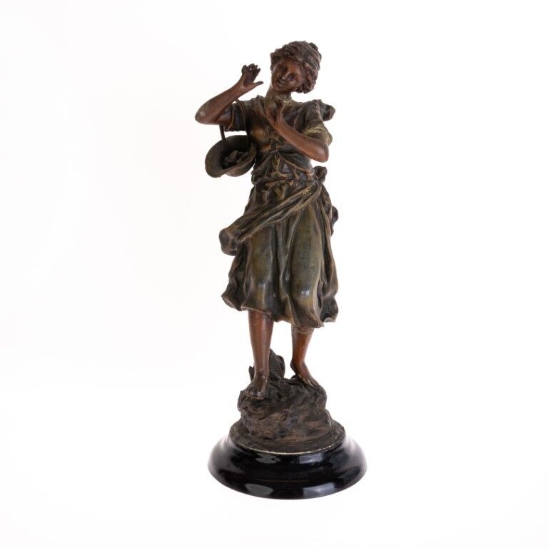 Antique French Bronzed Spelter “Siffleur” Sculpture After Moreau Late 19th Century