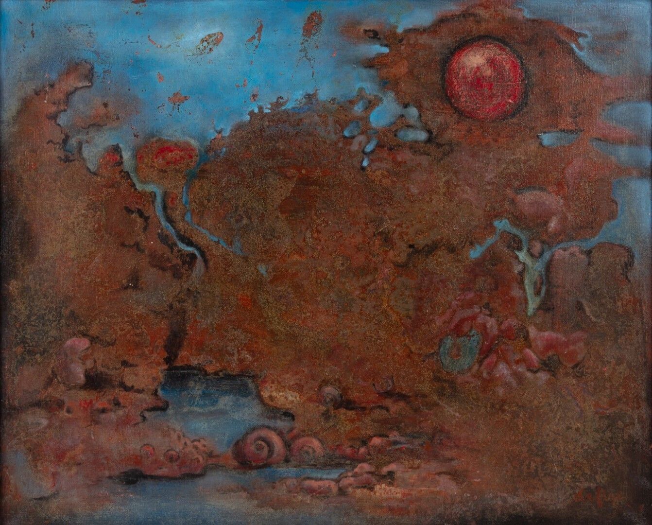 Belgian Large Mid 20th Century Abstract School Oil On Canvas Painting Signed