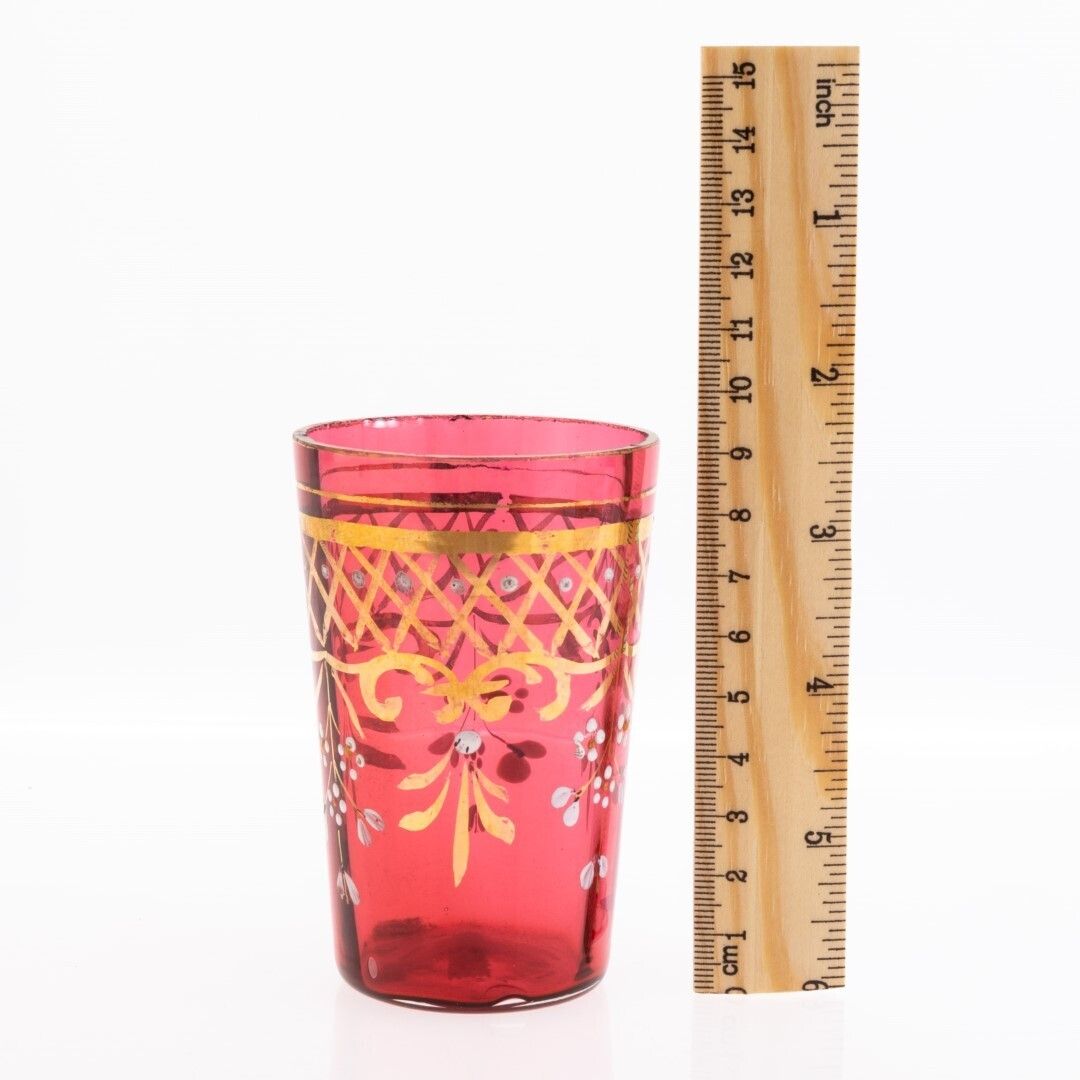 Antique Victorian Bohemian Gilt And Hand Enameled Cranberry Glass Beaker 19th Century photo for sale