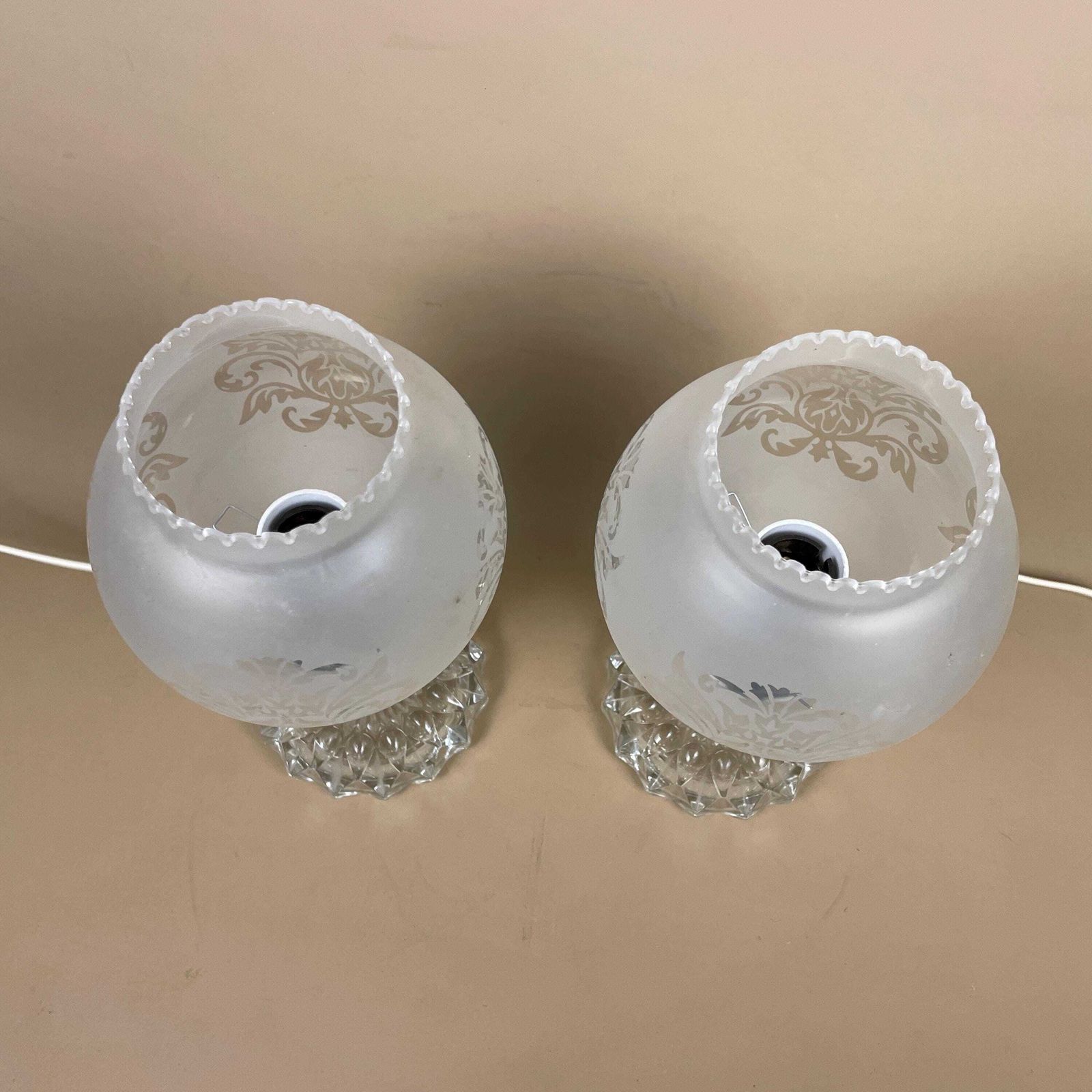 Pair Of Vintage Art Deco Globe Lamp Bedside Table Lights Ornate Glass Floral Shade Cut Glass Base Plastic Gold Pillar photo Lighting
