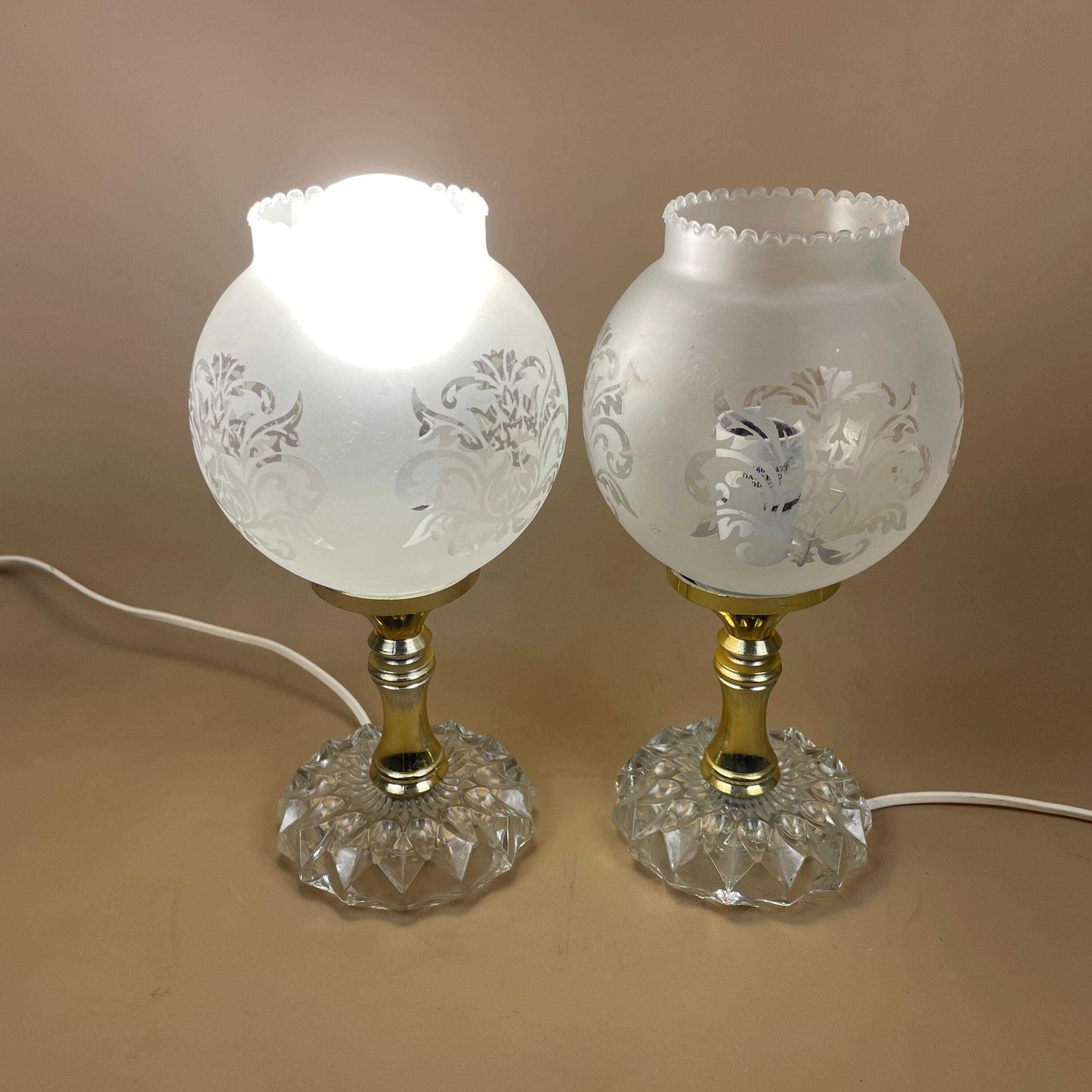 Pair Of Vintage Art Deco Globe Lamp Bedside Table Lights Ornate Glass Floral Shade Cut Glass Base Plastic Gold Pillar photo vintage