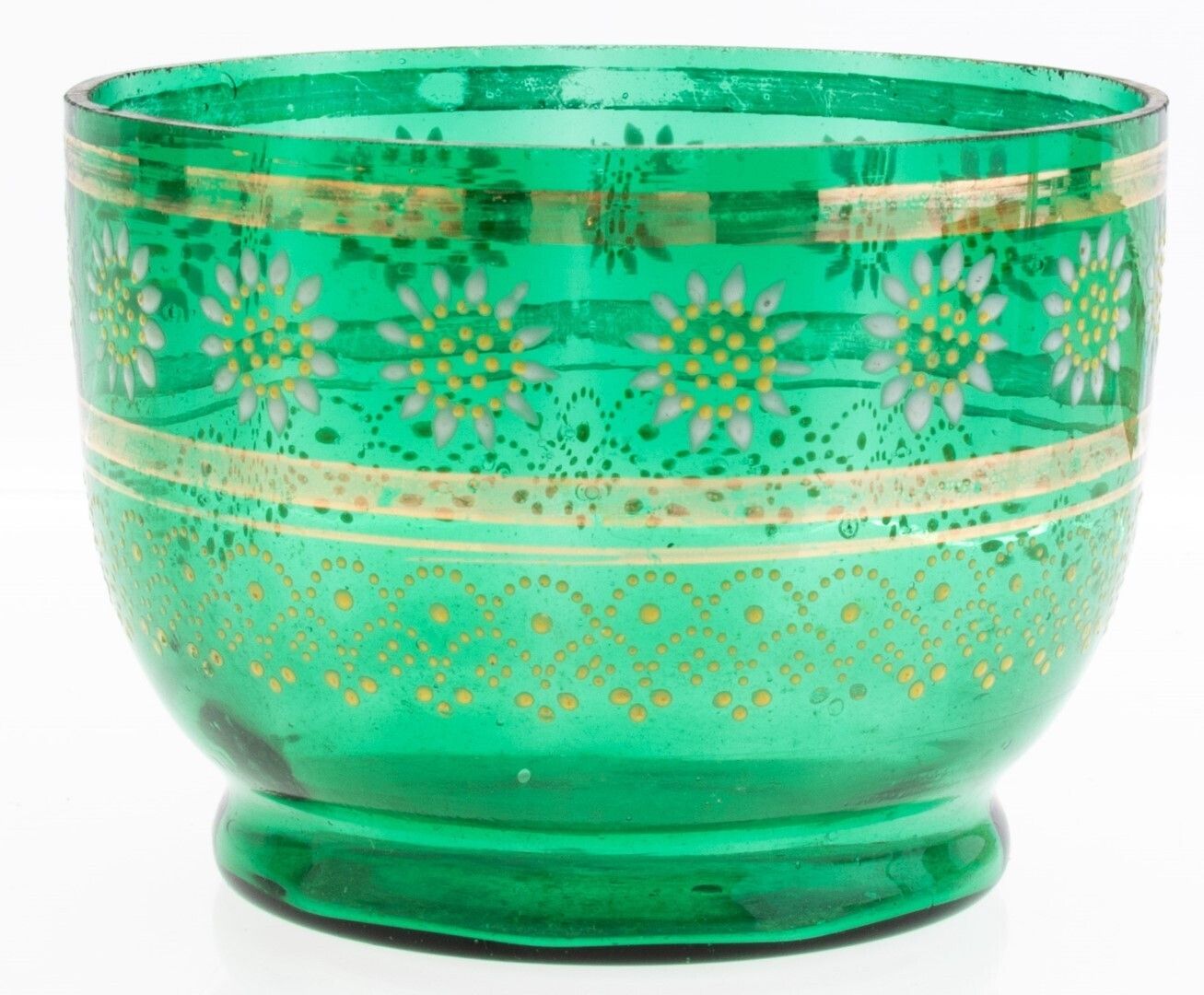 Antique Victorian Bohemian Gilt And Hand Enameled Emerald Green Glass Bowl 19th Century
