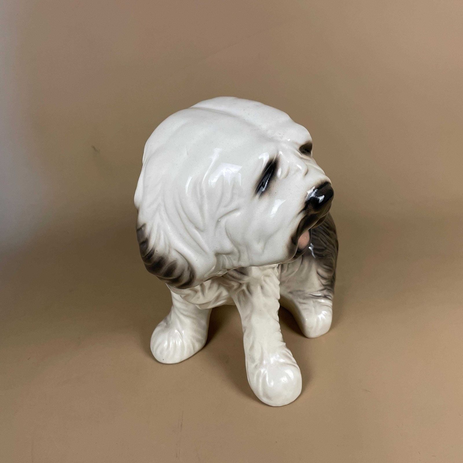 Vintage Ceramic English Sheepdog Dog Display Ornament Statue Figurine Grey White Pet photo for sale