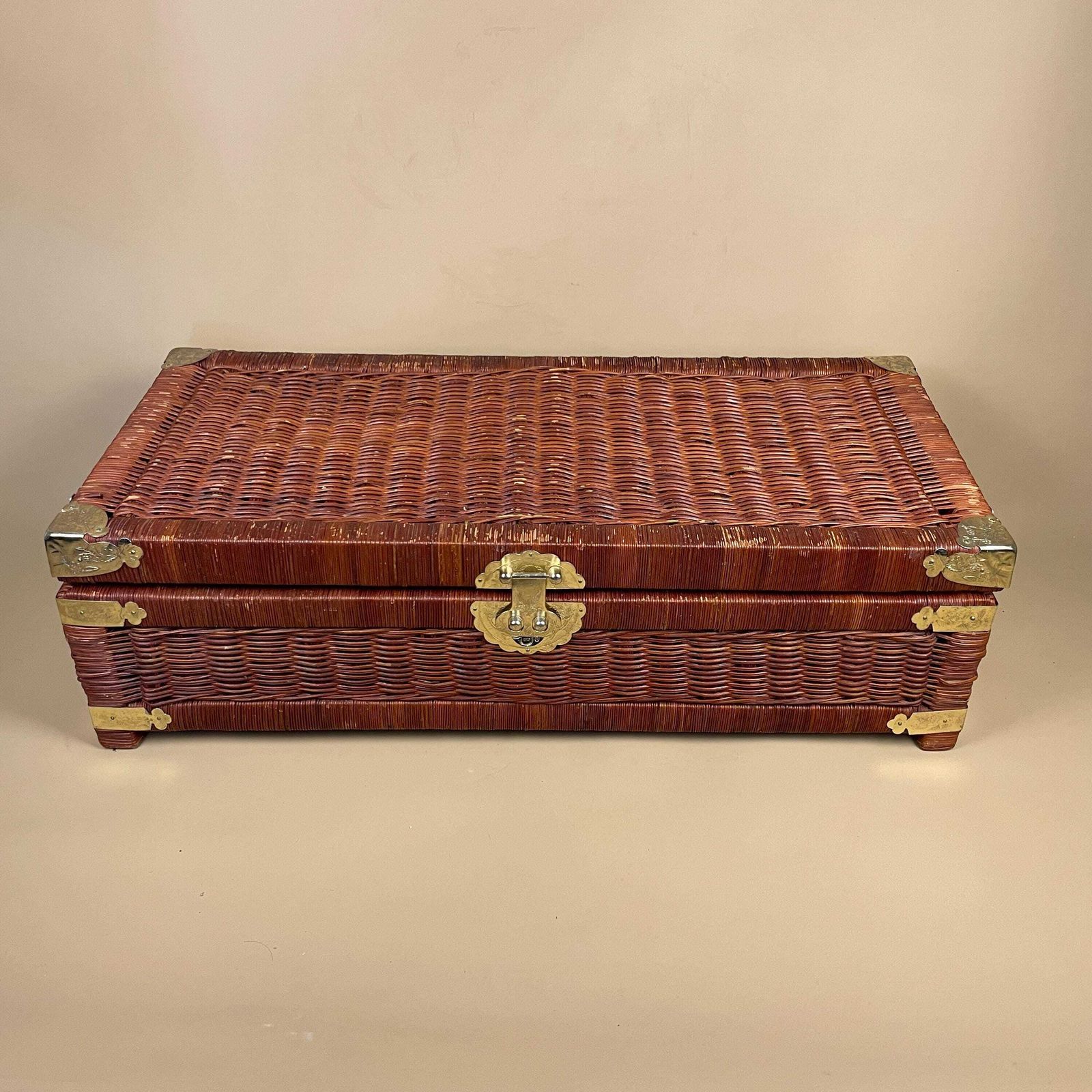 Antique Oriental Chinese Rectangle Basket Trunk Chest Storage Box Woven Wicker Brown Wooden Vintage Wood Brown Cottage Farmhouse Toy Lidded photo Furniture