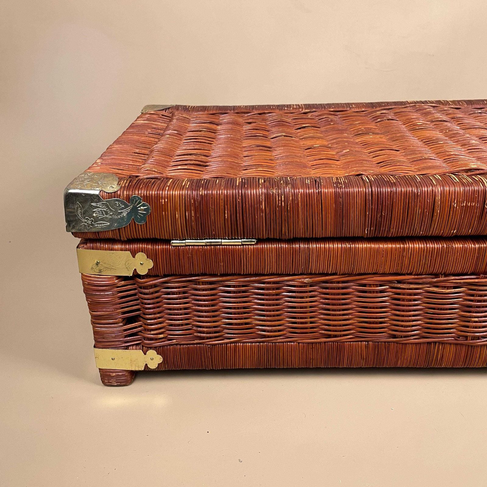 photo for sale Antique Oriental Chinese Rectangle Basket Trunk Chest Storage Box Woven Wicker Brown Wooden Vintage Wood Brown Cottage Farmhouse Toy Lidded