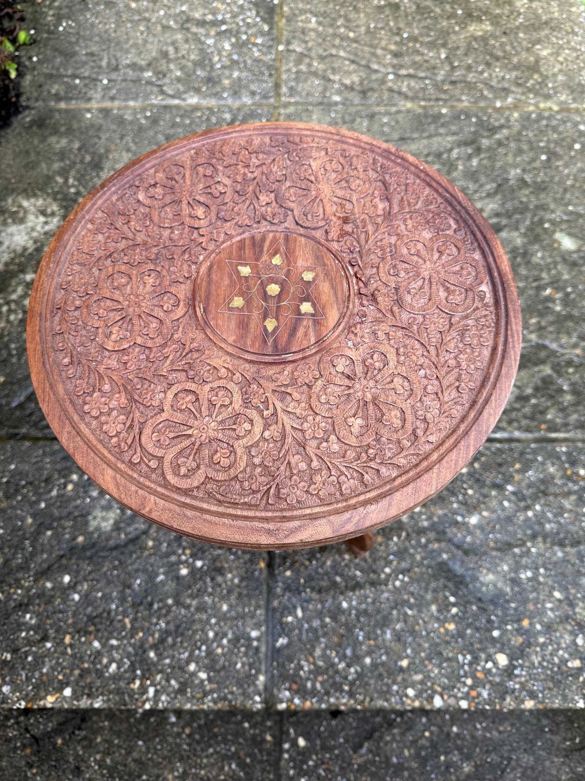 Vintage Carved Wood Indian Table, Fabulous Table Top Carved Detail. Folding Vintage Table. Vintage Plant Stand. Small Vintage Wooden Table. photo furniture