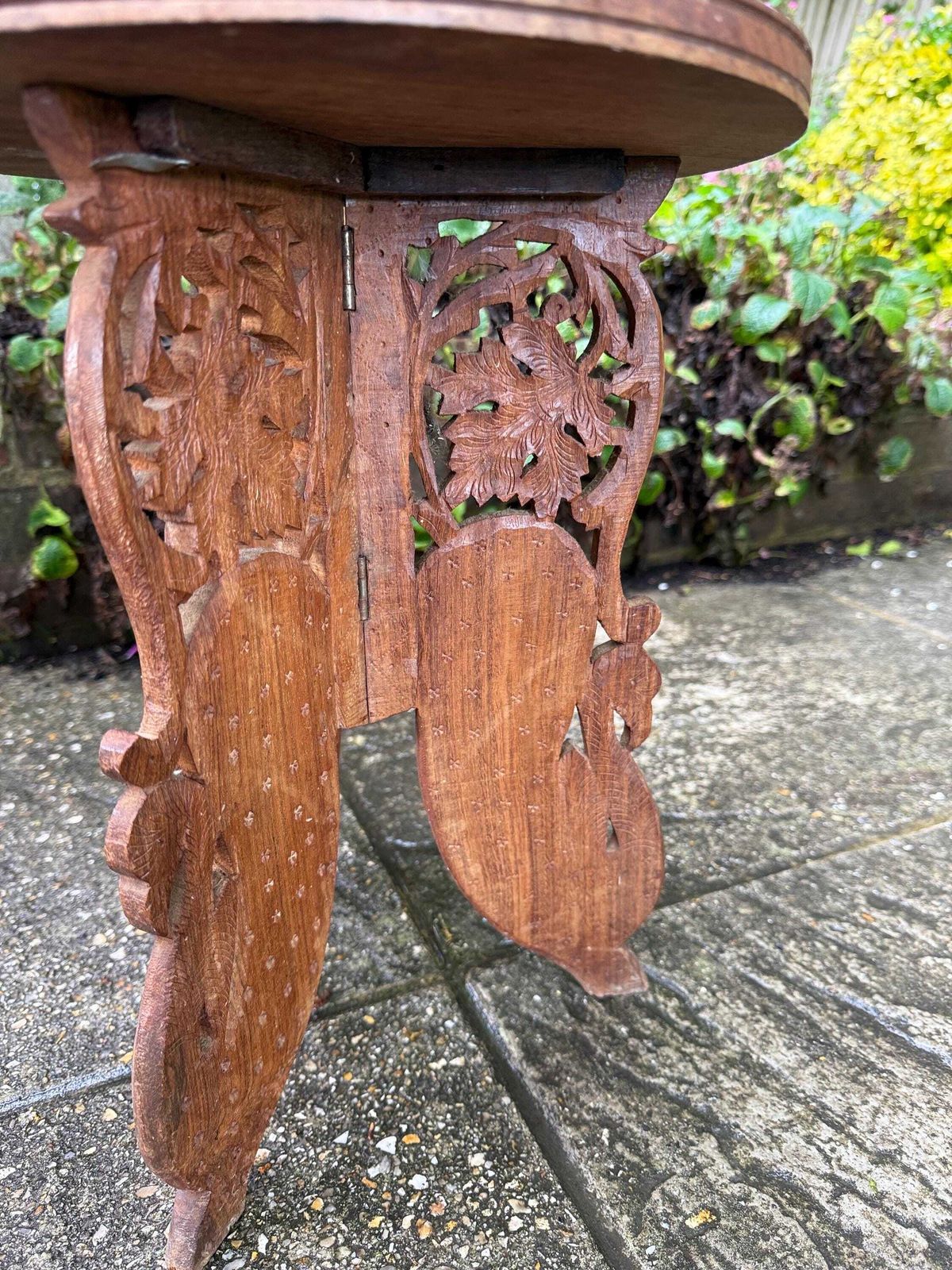 Vintage Carved Wood Indian Table, Fabulous Table Top Carved Detail. Folding Vintage Table. Vintage Plant Stand. Small Vintage Wooden Table. photo Furniture